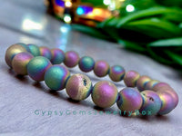 Agate - Druzy Aura Titanium (Flame) Rainbow Peacock Quartz Custom Size Frost Matte Rustic Round Stretch (8mm) Natural Gemstone Crystal Energy Bead Bracelet