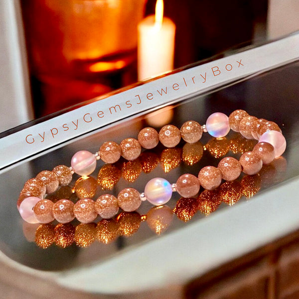 Goldstone Sandstone Gold Orange Aura Crystal•Minimalist (6mm)•Custom Size•Round Smooth Stretch Natural Gemstone Crystal Energy Bracelet