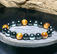 Triple Protection - Tiger Eye Yellow Honey (Golden Sun) + Black Onyx + Hematite Custom Size Round Smooth Stretch (8mm or 10mm beads) Natural Gemstone Crystal Energy Bead Bracelet