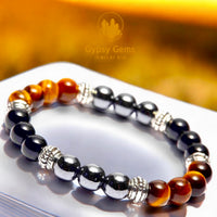 Triple Protection - Tiger Eye Yellow Golden Brown + Black Onyx + Hematite - “Power of Three”, Custom Size Round Smooth Stretch (8mm) Natural Gemstone Crystal Energy Bead Bracelet