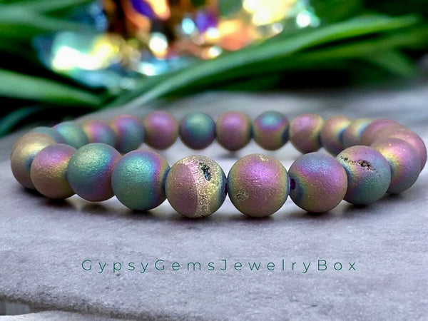 Agate - Druzy Aura Titanium (Flame) Rainbow Peacock Quartz Custom Size Frost Matte Rustic Round Stretch (8mm) Natural Gemstone Crystal Energy Bead Bracelet