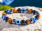 Triple Protection - Tiger Eye Yellow + Evil Eyes + Black Obsidian + Hematite Custom Size Round Smooth Stretch (8mm) Natural Gemstone Crystal Energy Bead Bracelet