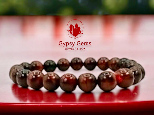 Tiger’s Eye - Red Custom Size Round Smooth Stretch (10mm Grande) Natural Gemstone Crystal Energy Bead Bracelet