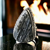 Tourmaline Black Raw Natural Gemstone .925 Sterling Silver Point Statement Ring (Size 7)