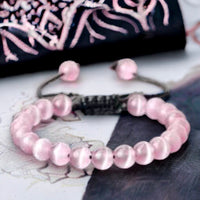 Cats Eye (Chrysoberyl) Pink Braided Macrame Adjustable Sliding Knot Round Smooth (8mm) Natural Gemstone Crystal Energy Bead Bracelet