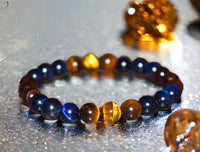 Tiger’s Eye - Red-Blue-Yellow Trio Multi Color Custom Size Round Smooth Stretch (8mm) Natural Gemstone Crystal Energy Bead Bracelet