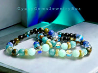 Water Element Bracelet•Aura Crystal, Amazonite, Aquamarine, Cloisonné, Apatite, Lapis Lazuli, Blue Tiger Eye, Obsidian, Blue Aura, Ebony Wood, Serpentine • Custom Size - Round Smooth Stretch (8mm) Natural Gemstone Crystal Energy Bead Bracelet