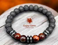 Tiger’s Eye - Red Tiger’s Eye + Hematite Saucer beads + Lava Stone Custom Size Round Smooth Stretch (8mm) Natural Gemstone Crystal Energy Bead Bracelet