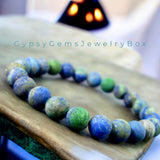 Azurite Blue Green•Custom Size•Frost Matte Rustic Round Stretch (8mm) Natural Gemstone Crystal Energy Bead Bracelet