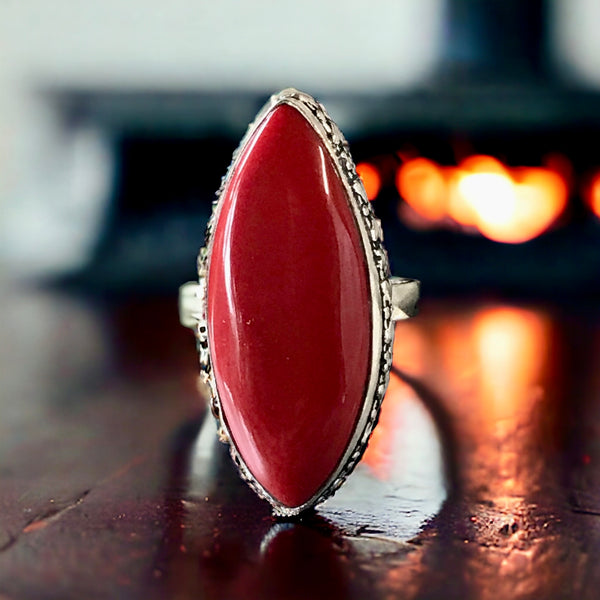 Coral Red Natural Gemstone .925 Sterling Silver Double Point Statement Ring (Size 7.5)