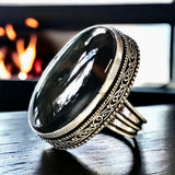 Onyx Banded Sardonyx Natural Gemstone .925 Sterling Silver Oval Statement Ring (Size 8.25)