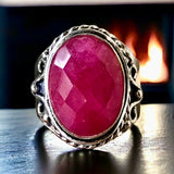 Ruby Natural Gemstone Faceted .925 Sterling Silver Oval Ring (Size 7.5)