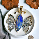 Lapis Lazuli Natural Gemstone Marquise Butterfly Scroll Beaded Filigree .925 Sterling Silver Stamped Pendant