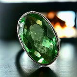 Peridot Natural Gemstone Faceted .925 Sterling Silver Oval Statement Ring (Size: 9)