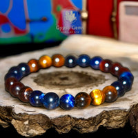 Tiger’s Eye - Red-Blue-Yellow Trio Trinity Multi Color Custom Size Round Smooth Stretch (8mm) Natural Gemstone Crystal Energy Bead Bracelet