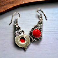 Red Coral Natural Gemstone Circle Drop Scroll Beaded Dangle Hook .925 Sterling Silver Stamped Earrings