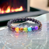 7 CHAKRA & Lava Stone Rock Aromatherapy Custom Size Gold or Silver Spacers Round Smooth Stretch Natural Gemstone Crystal Energy Bead Bracelet