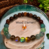 Wood Element Bracelet•Green & Brown Aura Crystal, Smokey Quartz, Burma Jade, Dragons Vein, Aventurine, Malachite, Carnelian, Bronzite, Coffee Jasper, Brown Lava, Rudraksha• Custom Size•Stretch (8mm) Natural Gemstone Crystal Energy Bead Bracelet