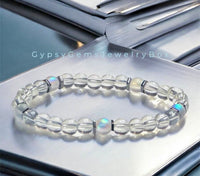 Metal Element Bracelet•Clear Quartz Crystal•Angel Aura Crystal•Silver Hematite Hexagon Spacers•Custom Size•Minimalist (6mm) Round Smooth Stretch Natural Gemstone Crystal Energy Bead Bracelet