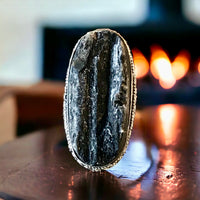 Tourmaline Black Raw Natural Gemstone .925 Sterling Silver Oval Statement Ring (Size 6)