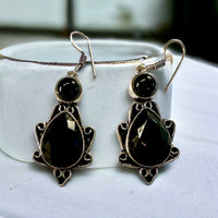 Obsidian Black Double Stone Natural Gemstone Pear & Circle Bezel, Drop Dangle Hook .925 Sterling Silver Stamped Earrings