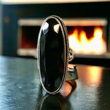 Obsidian Black Natural Gemstone Faceted .925 Sterling Silver Oval Statement Ring (Size 7.5)