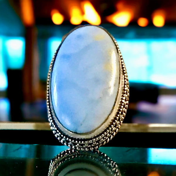 Opal Blue Owyhee Gemstone .925 Sterling Silver Oval Statement Ring (Size: 7.5)