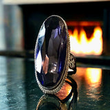 Amethyst Natural Gemstone Faceted Oval .925 Sterling Silver Statement Ring (Size 8.5)