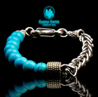 Turquoise- Blue Howlite•Beads Meet Chain•Stainless Steel Wheat Chain (8mm) Lobster Clasp Natural Gemstone Crystal Energy Bead Bracelet