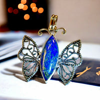 Lapis Lazuli Natural Gemstone Marquise Butterfly Scroll Beaded Filigree .925 Sterling Silver Stamped Pendant