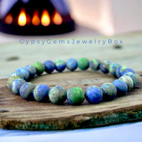 Azurite Blue Green•Custom Size•Frost Matte Rustic Round Stretch (8mm) Natural Gemstone Crystal Energy Bead Bracelet