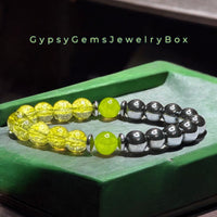 Peridot Key Lime Crystal & Peridot Olive Stone Focus Bead with Hematite•Custom Size•Round Smooth Stretch (10mm Grande) Natural Gemstone Crystal Energy Bead Bracelet