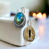 Labradorite Rainbow Natural Gemstone Wide Beaded Bezel Drop Hook .925 Sterling Silver Stamped Earrings
