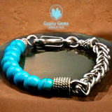 Turquoise- Blue Howlite•Beads Meet Chain•Stainless Steel Wheat Chain (8mm) Lobster Clasp Natural Gemstone Crystal Energy Bead Bracelet