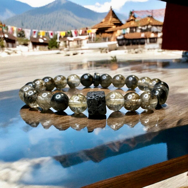 Quartz - Black Tibetan Himalayan Phantom Quartz Crystal with Lava Rock Aromatherapy Stretch Energy Bead Bracelet