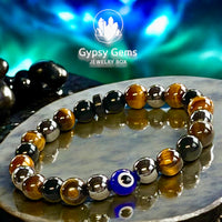 Personal Power - Tiger Eye Yellow + Black Obsidian + Hematite + Evil Eye + Rose Wood Custom Size Round Smooth Stretch (8mm) Natural Gemstone Crystal Energy Bead Bracelet