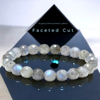 Labradorite - Rainbow Labradorite Diamond Cut Faceted Custom Size Round Stretch (8mm) Natural Gemstone Crystal Energy Bead Bracelet