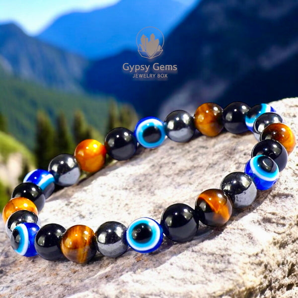 Triple Protection - Tiger Eye Yellow + Evil Eyes + Black Obsidian + Hematite Custom Size Round Smooth Stretch (8mm) Natural Gemstone Crystal Energy Bead Bracelet