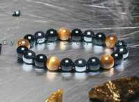 Triple Protection - Tiger Eye Yellow Golden Sun + Black Onyx + Hematite Custom Size Round Smooth Stretch (8mm or 10mm beads) Natural Gemstone Crystal Energy Bead Bracelet