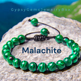 Malachite Braided Macrame Adjustable Sliding Knot Round Smooth (8mm) Natural Gemstone Crystal Energy Bead Bracelet