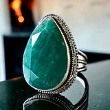 Emerald Natural Genuine Faceted Gemstone .925 Sterling Silver Pear Point Ring (Size: 9)