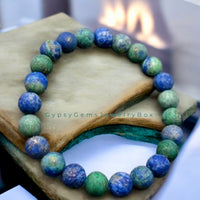 Azurite Blue Green•Custom Size•Frost Matte Rustic Round Stretch (8mm) Natural Gemstone Crystal Energy Bead Bracelet