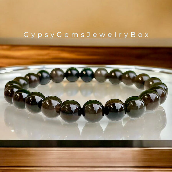 Obsidian - Ice Obsidian•Smokey Brown Obsidian•Back Lace Obsidian•Custom Size•Round Smooth Stretch (8mm) Natural Gemstone Crystal Energy Bead Bracelet