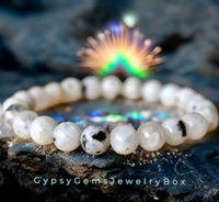 Moonstone - Rainbow Moonstone•Black Tourmaline Rutile inclusions•Custom Size•Round Stretch (8mm) Natural Gemstone Crystal Energy Bead Bracelet