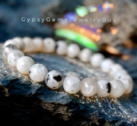 Moonstone - Rainbow Moonstone•Black Tourmaline Rutile inclusions•Custom Size•Round Stretch (8mm) Natural Gemstone Crystal Energy Bead Bracelet