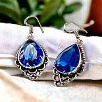 Topaz London Blue Natural Gemstone Pear Drop Dangle Hook .925 Sterling Silver Stamped Earrings
