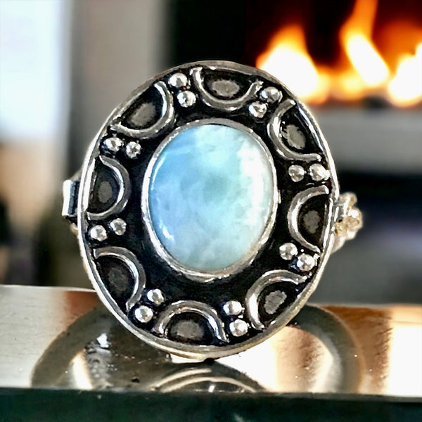 Larimar Natural Gemstone .925 Sterling Silver Oval Locket Poison Ring (Size 7.75)