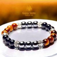 Triple Protection - Tiger Eye Yellow Golden Brown + Black Onyx + Hematite - “Power of Three”, Custom Size Round Smooth Stretch (8mm) Natural Gemstone Crystal Energy Bead Bracelet