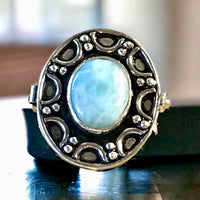 Larimar Natural Gemstone .925 Sterling Silver Oval Locket Poison Ring (Size 7.75)