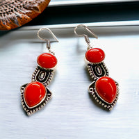 Red Coral Double Stone Bezel Natural Gemstone Pear & Circle Drop Dangle Hook .925 Sterling Silver Stamped Earrings